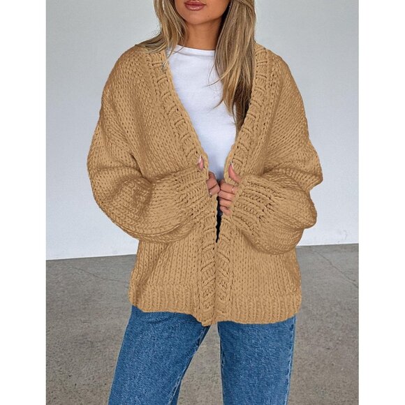 Womens Trendy Cardigan Sweaters Khaki Long Sleeve Chunky Knit Outfits - Picture 8 of 8